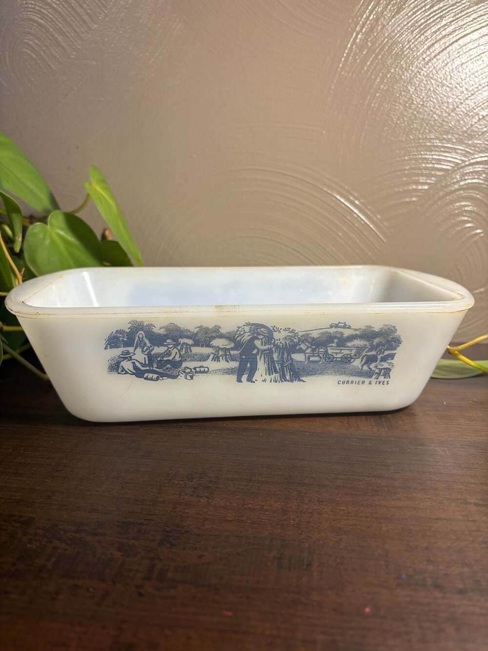 Vintage Glasbake Currier & Ives J-522 Milk Glass Loaf Pan